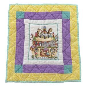 Vintage Handmade Animal Themed Baby Quilt Noah's Ark Cross-Stitch Zoo Wall Decor